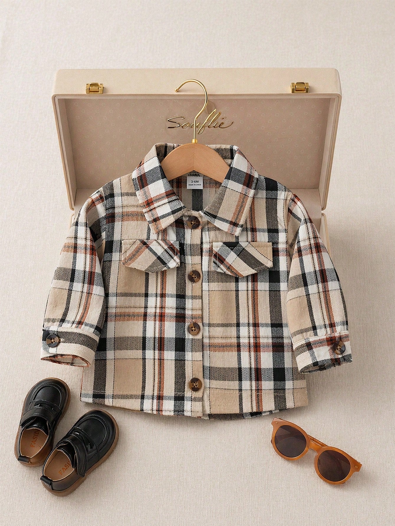 Playful Pals Toddler Infant Unisex Boy Casual Plaid Long-Sleeved Shirt With Turn-Down Pockets, Button-Down Collar, Suitable For School, Everyday Casual Wear.