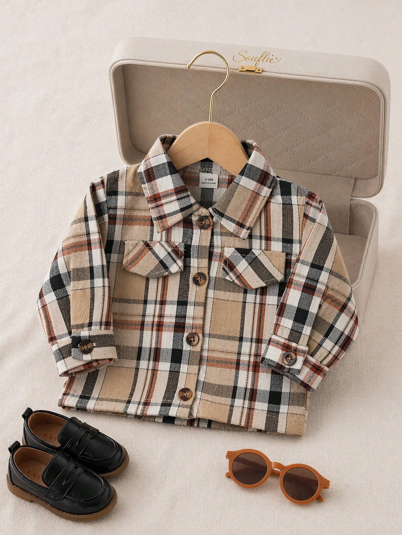 Playful Pals Toddler Infant Unisex Boy Casual Plaid Long-Sleeved Shirt With Turn-Down Pockets, Button-Down Collar, Suitable For School, Everyday Casual Wear.