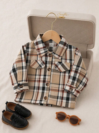 Playful Pals Toddler Infant Unisex Boy Casual Plaid Long-Sleeved Shirt With Turn-Down Pockets, Button-Down Collar, Suitable For School, Everyday Casual Wear.