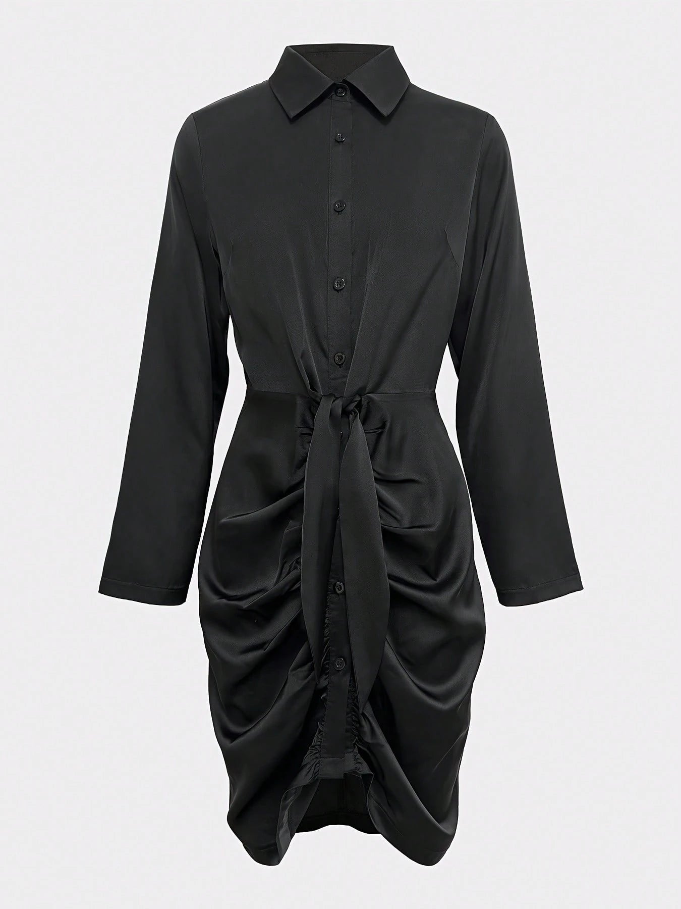 Pleated Button Dress, Elegant Button Fitted Dress, Women Clothing Black
