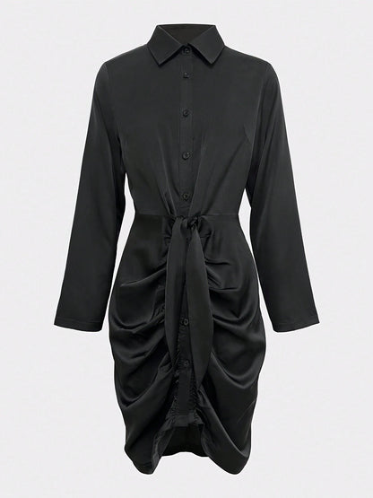 Pleated Button Dress, Elegant Button Fitted Dress, Women Clothing Black