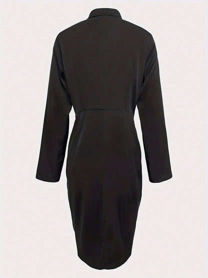 Pleated Button Dress, Elegant Button Fitted Dress, Women Clothing Black