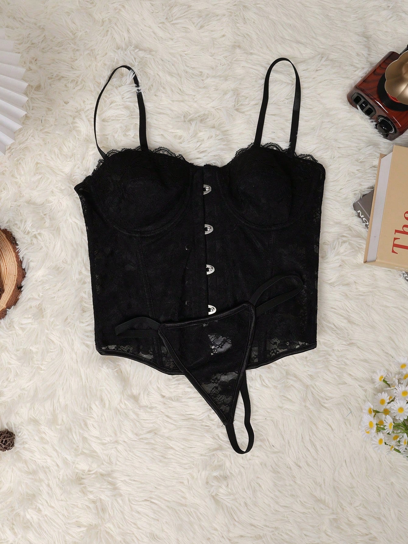 Plus Lace Up Back Button Lace Corset Casual Black Summer