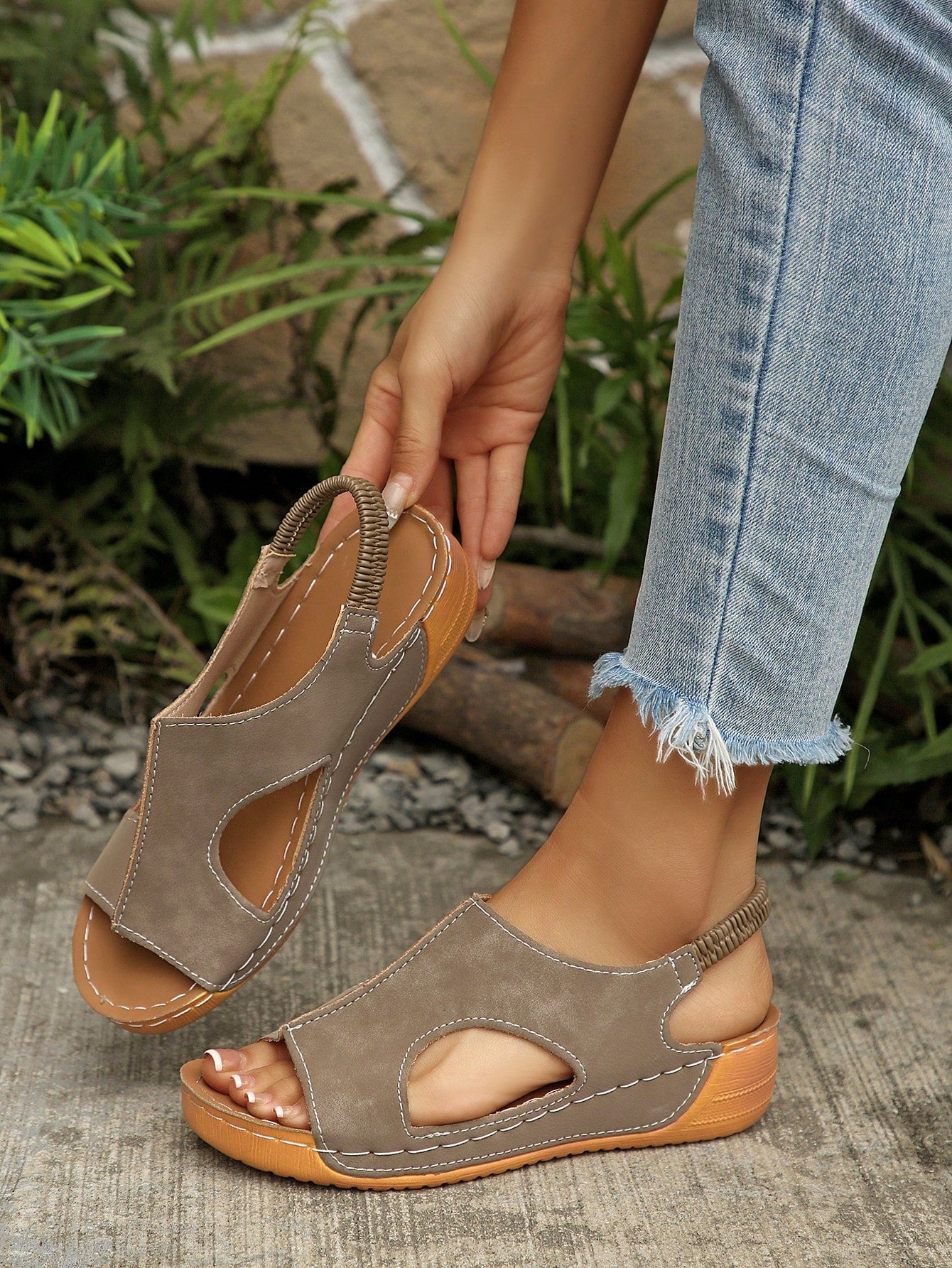 Plus Size 36-45 Summer New Fashion Simple Khaki PU Round Toe Wedge Heel Thick Sole Women Sandals, Outdoor Beach Slip-On Comfortable Slippers