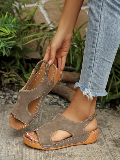 Plus Size 36-45 Summer New Fashion Simple Khaki PU Round Toe Wedge Heel Thick Sole Women Sandals, Outdoor Beach Slip-On Comfortable Slippers