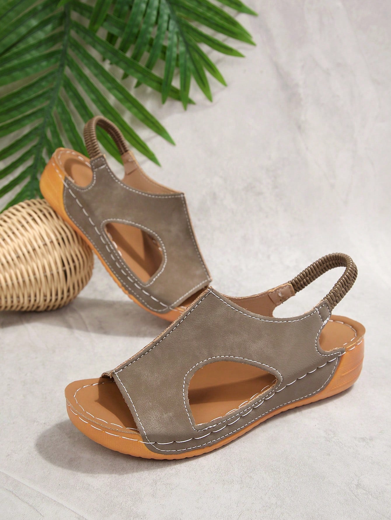 Plus Size 36-45 Summer New Fashion Simple Khaki PU Round Toe Wedge Heel Thick Sole Women Sandals, Outdoor Beach Slip-On Comfortable Slippers