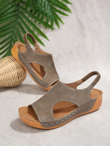 Plus Size 36-45 Summer New Fashion Simple Khaki PU Round Toe Wedge Heel Thick Sole Women Sandals, Outdoor Beach Slip-On Comfortable Slippers