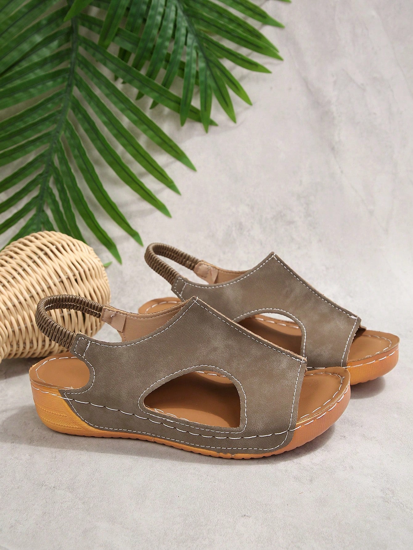 Plus Size 36-45 Summer New Fashion Simple Khaki PU Round Toe Wedge Heel Thick Sole Women Sandals, Outdoor Beach Slip-On Comfortable Slippers
