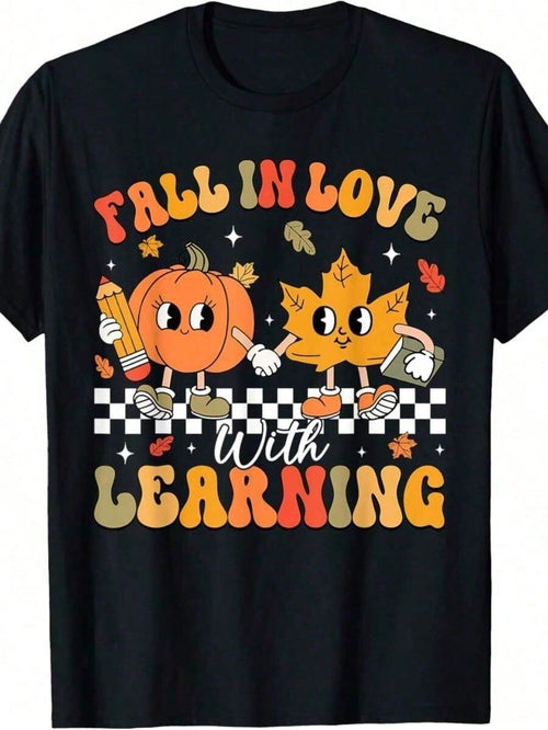 Plus Size Autumn Retro Teacher T-Shirt Fall In Love With Learning Pumpkin Women Size L-3XL 4XL 5XL