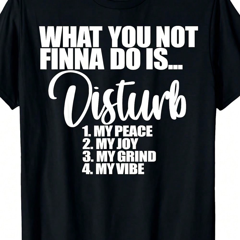 Plus Size Casual Black Round Neck 'What You Not Finna Do Is Disturb' Graphic Print Long Sleeve Tee For Women With Slight Stretch Regular Hem