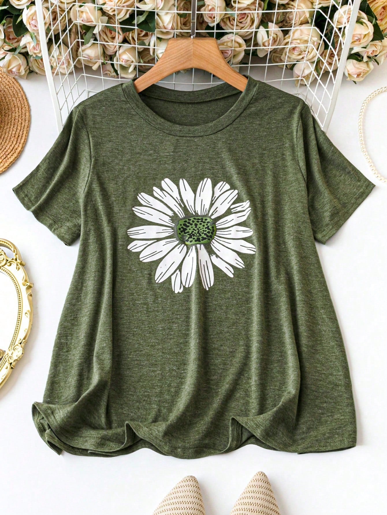 Plus Size Floral Print Short Sleeve T-Shirt Graphic Tees Women Tops