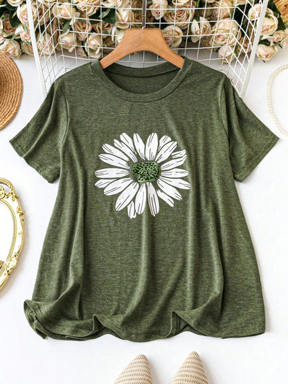 Plus Size Floral Print Short Sleeve T-Shirt Graphic Tees Women Tops