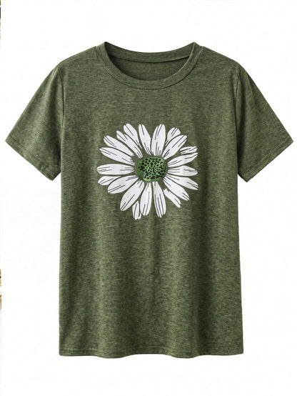 Plus Size Floral Print Short Sleeve T-Shirt Graphic Tees Women Tops