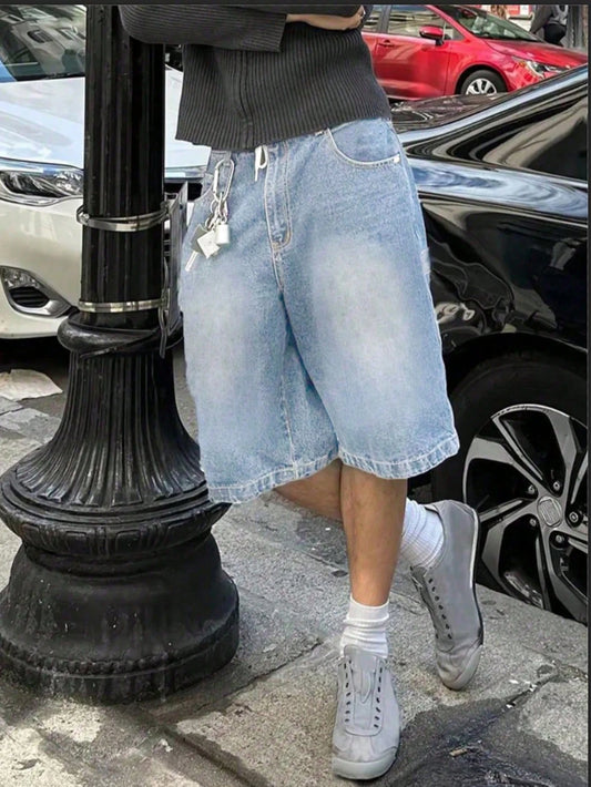 Plus Size Men's Retro Loose Denim Shorts, Casual Versatile Jeans