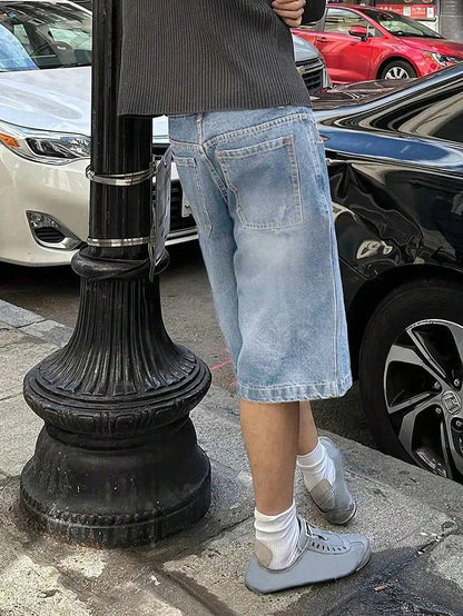 Plus Size Men's Retro Loose Denim Shorts, Casual Versatile Jeans