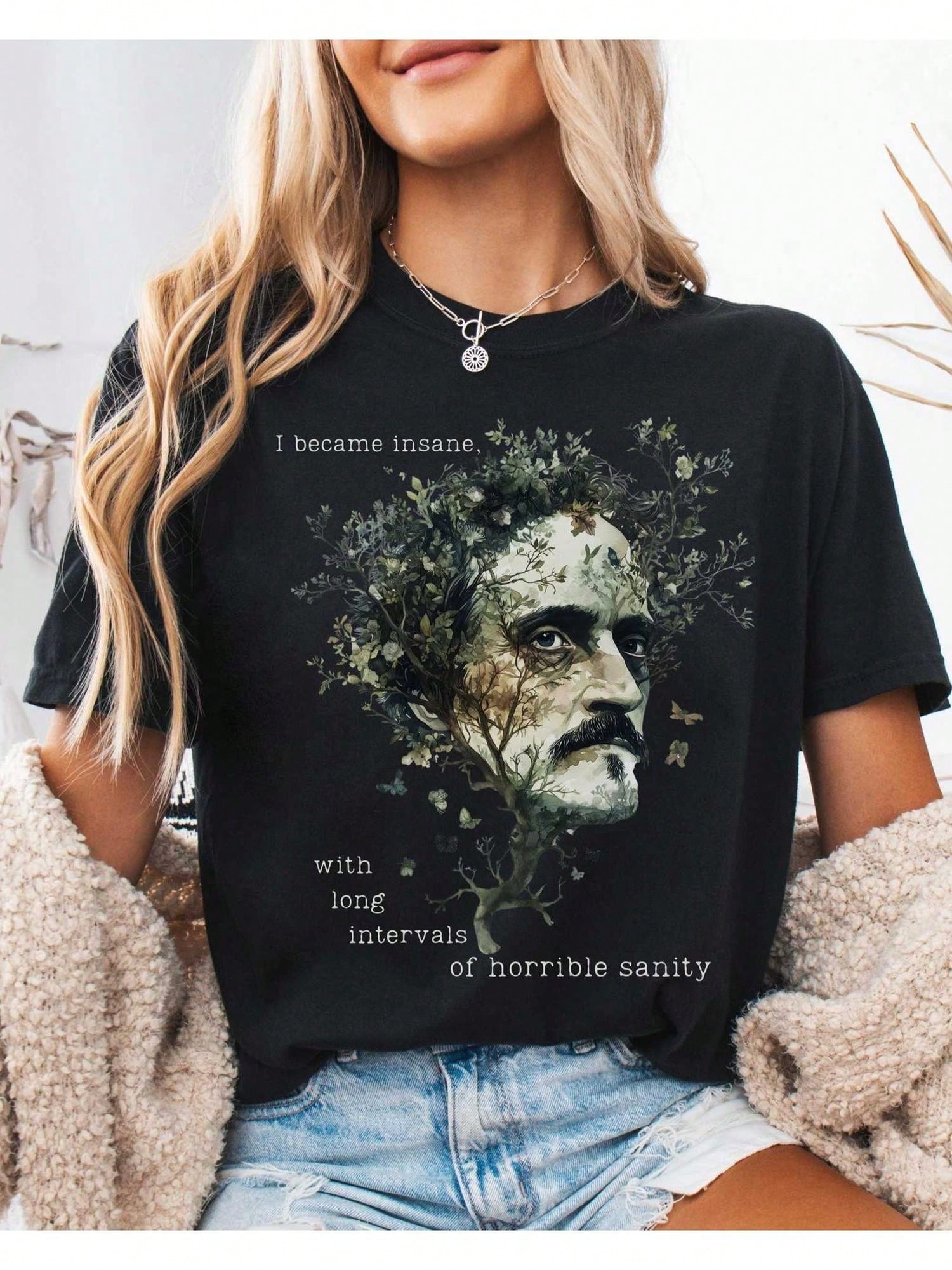 Plus Size Quirky Graphic T Shirt Unisex Edgar Allan Poe Black Short Sleeves Full Casual Top With Quirky Design Size L-3XL 4XL 5XL