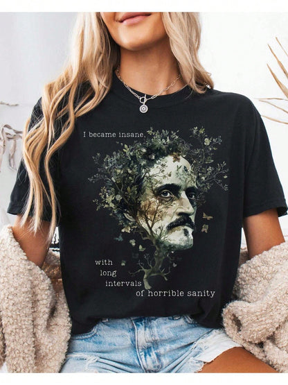 Plus Size Quirky Graphic T Shirt Unisex Edgar Allan Poe Black Short Sleeves Full Casual Top With Quirky Design Size L-3XL 4XL 5XL