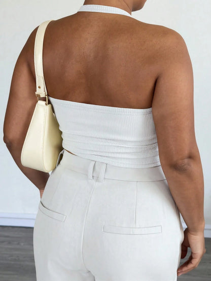 Plus Size Sexy Minimalist Ribbed Spaghetti Strap Fitted Camisole, Suitable For Daily, Commute, Street, Date, Workout Casual White Summer