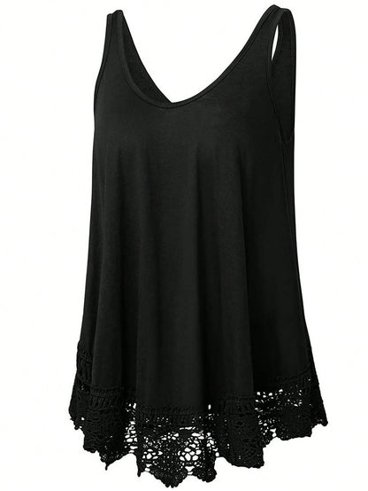 Plus Size Solid Color Lace Patchwork Loose Casual Tank Top Black Summer