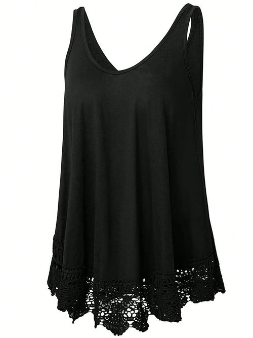 Plus Size Solid Color Lace Patchwork Loose Casual Tank Top Black Summer