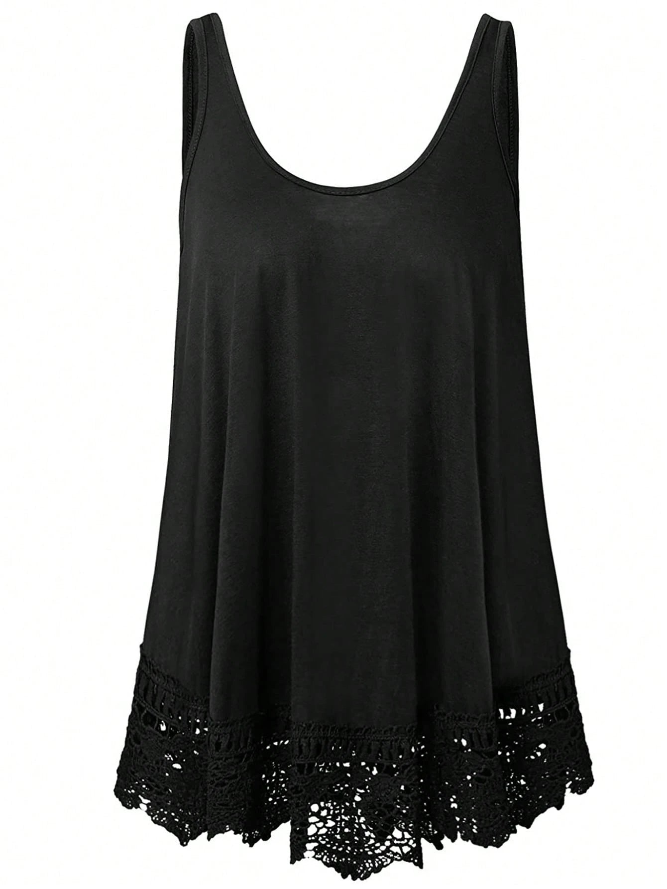 Plus Size Solid Color Lace Patchwork Loose Casual Tank Top Black Summer