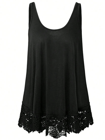 Plus Size Solid Color Lace Patchwork Loose Casual Tank Top Black Summer