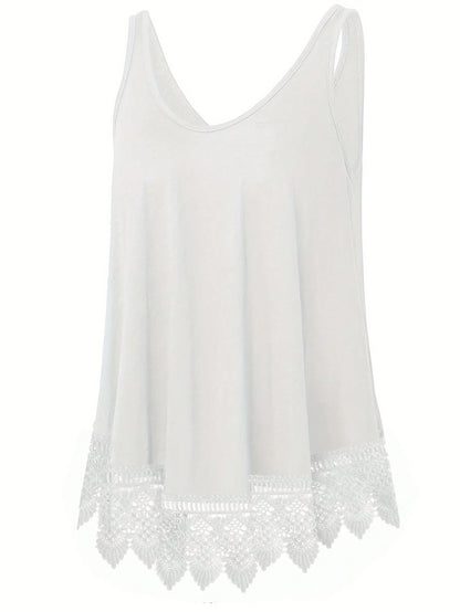 Plus Size Solid Color Lace Patchwork Loose Casual Tank Top Black Summer