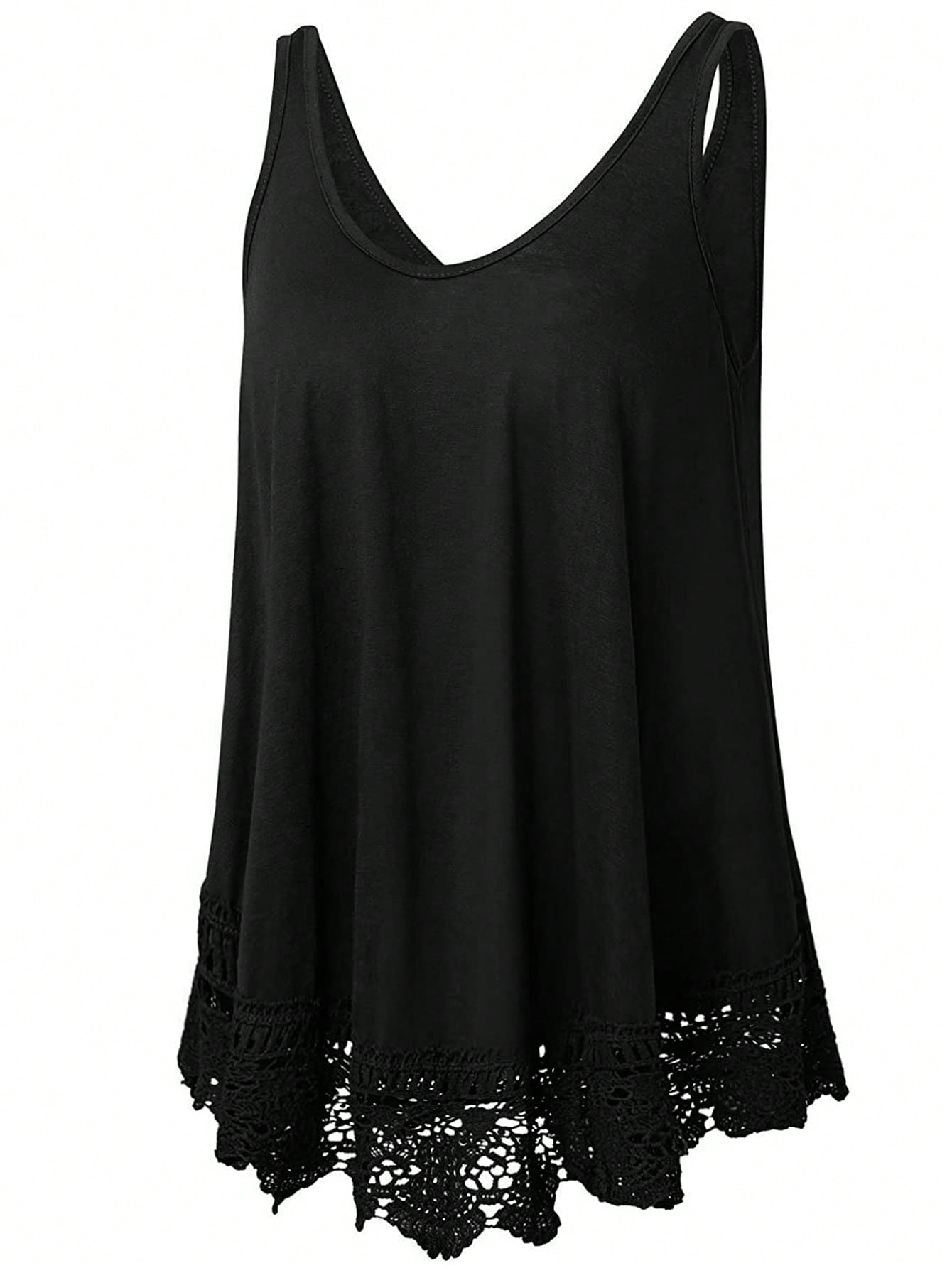 Plus Size Solid Color Lace Patchwork Loose Casual Tank Top Black Summer