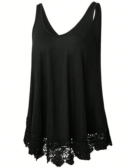Plus Size Solid Color Lace Patchwork Loose Casual Tank Top Black Summer