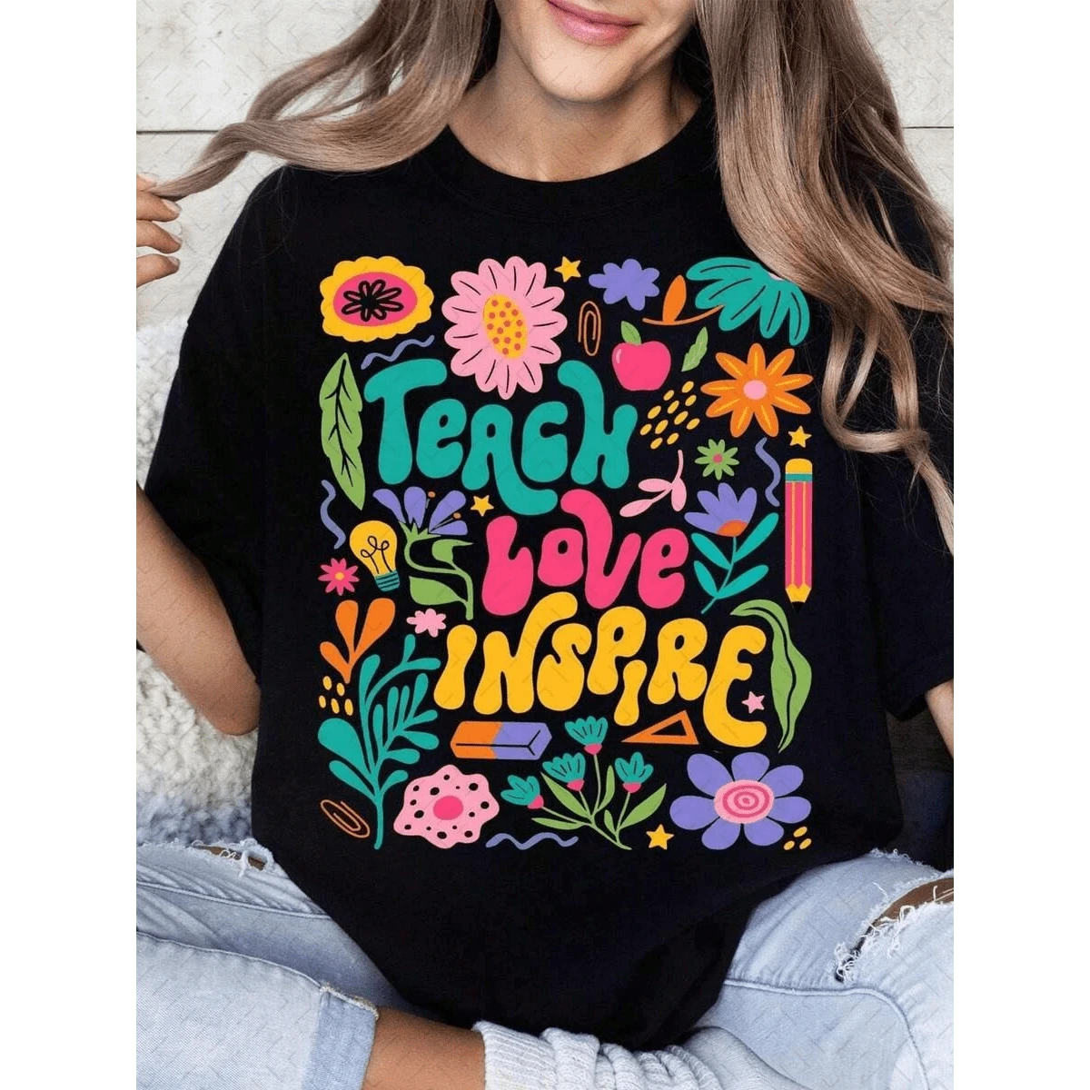 Plus Size- Teach Love Inspire Bohemian Teacher Floral Png Graphic T-Shirt- Vibrant Colorful Letter Print, Breathable, Casual Round Neck Short...