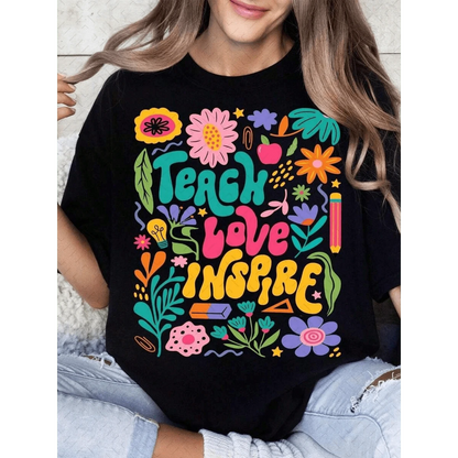 Plus Size- Teach Love Inspire Bohemian Teacher Floral Png Graphic T-Shirt- Vibrant Colorful Letter Print, Breathable, Casual Round Neck Short...