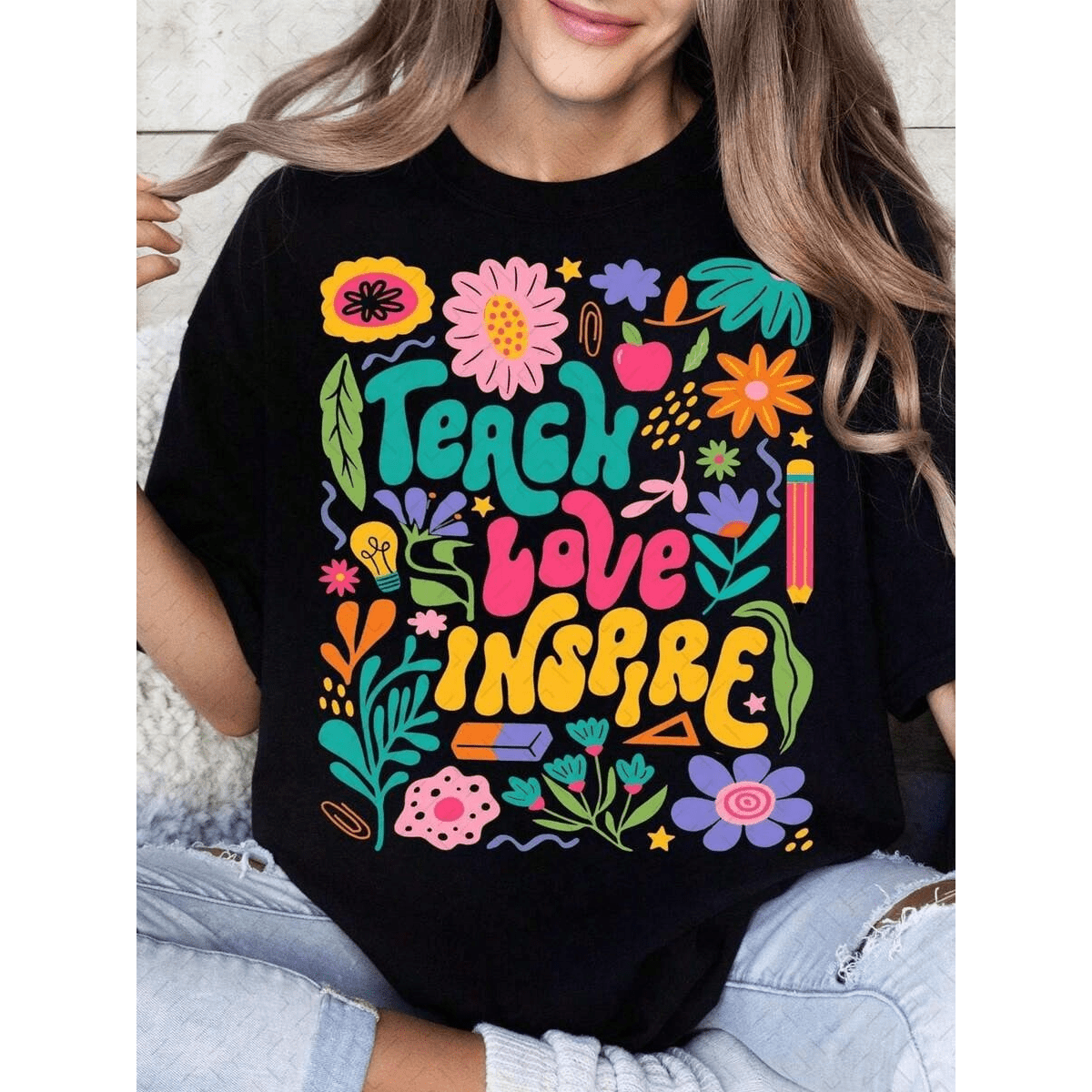 Plus Size- Teach Love Inspire Bohemian Teacher Floral Png Graphic T-Shirt- Vibrant Colorful Letter Print, Breathable, Casual Round Neck Short...