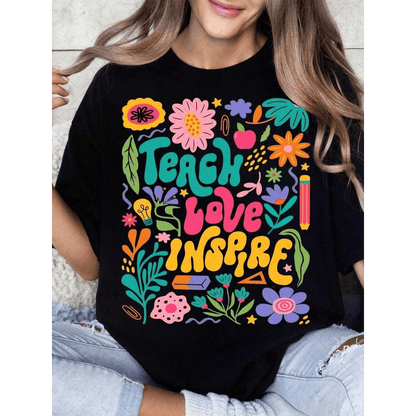 Plus Size- Teach Love Inspire Bohemian Teacher Floral Png Graphic T-Shirt- Vibrant Colorful Letter Print, Breathable, Casual Round Neck Short...