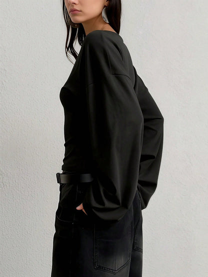 Plus Size V-Neck Bell Sleeve Fitted Top, Minimalist Drop Shoulder Long Sleeve Summer Blouse, Lightweight Ribbed T-Shirt Spring