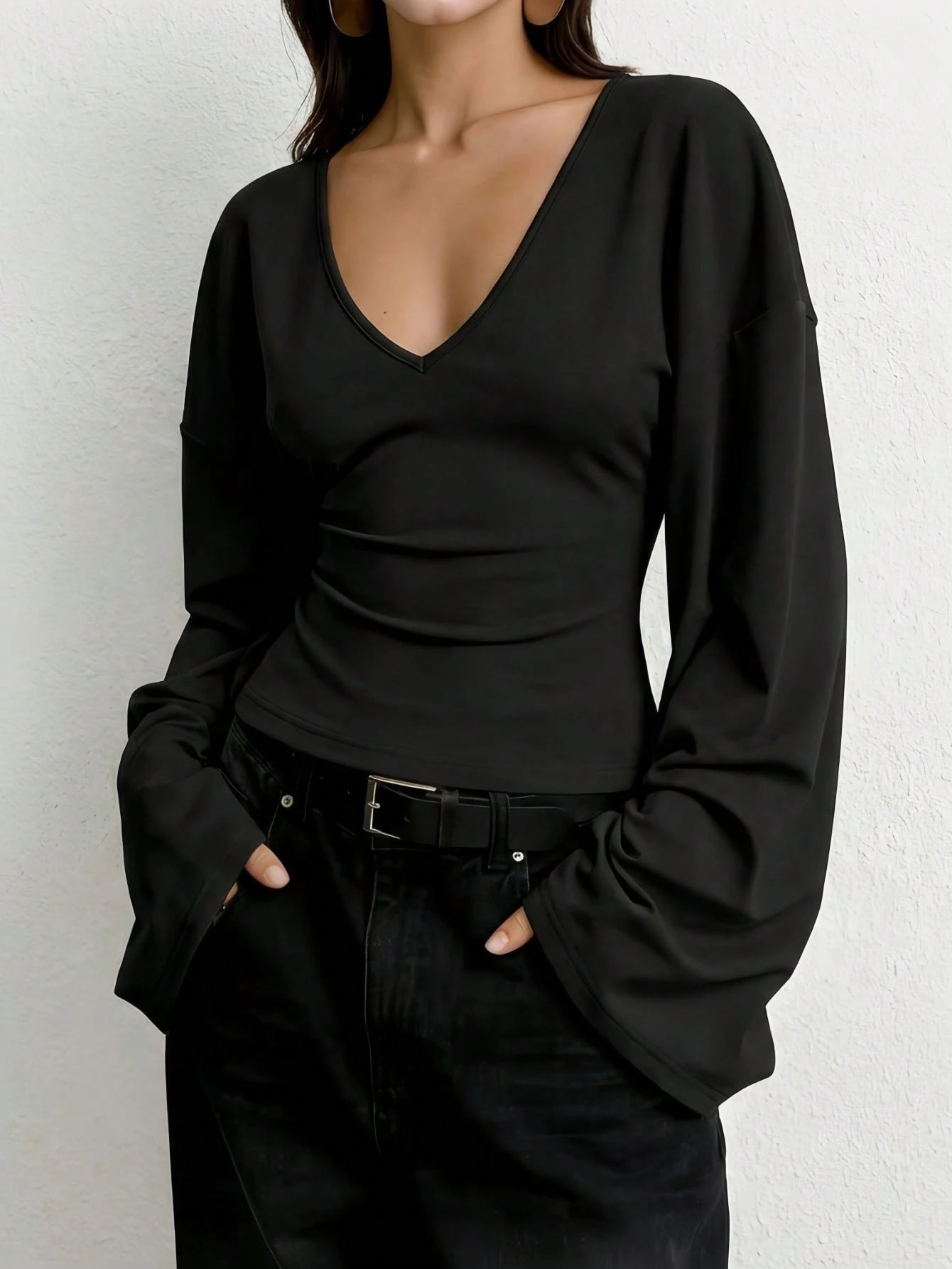 Plus Size V-Neck Bell Sleeve Fitted Top, Minimalist Drop Shoulder Long Sleeve Summer Blouse, Lightweight Ribbed T-Shirt Spring