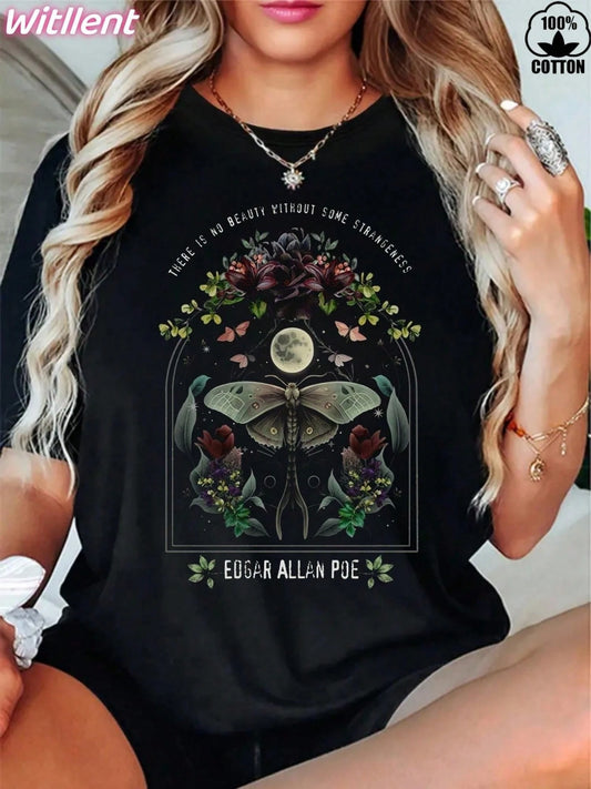 Plus Size Witllent Women Heavyweight Cotton T-Shirt Dark Botanical Bookish Print With Edgar Allan Poe Quote Round Neck Casual Tee Size L-3XL 4XL 5XL