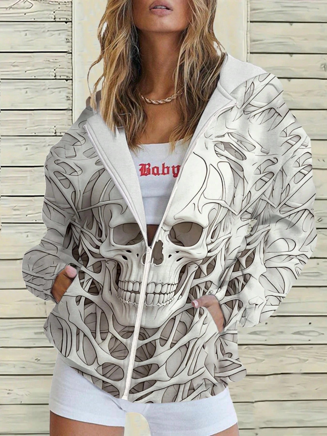 Plus Size Women Casual Skull Print Hooded Jacket, Summer