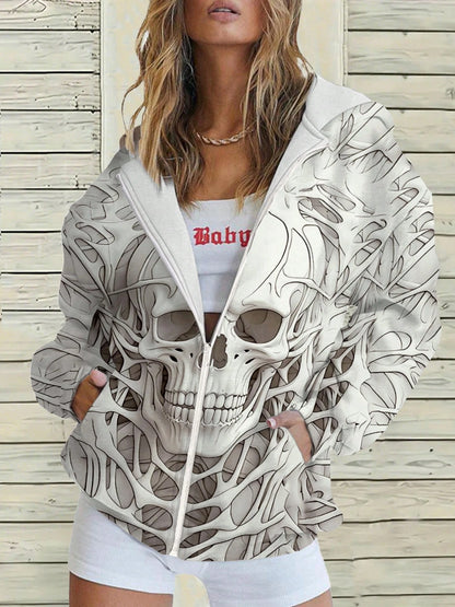 Plus Size Women Casual Skull Print Hooded Jacket, Summer