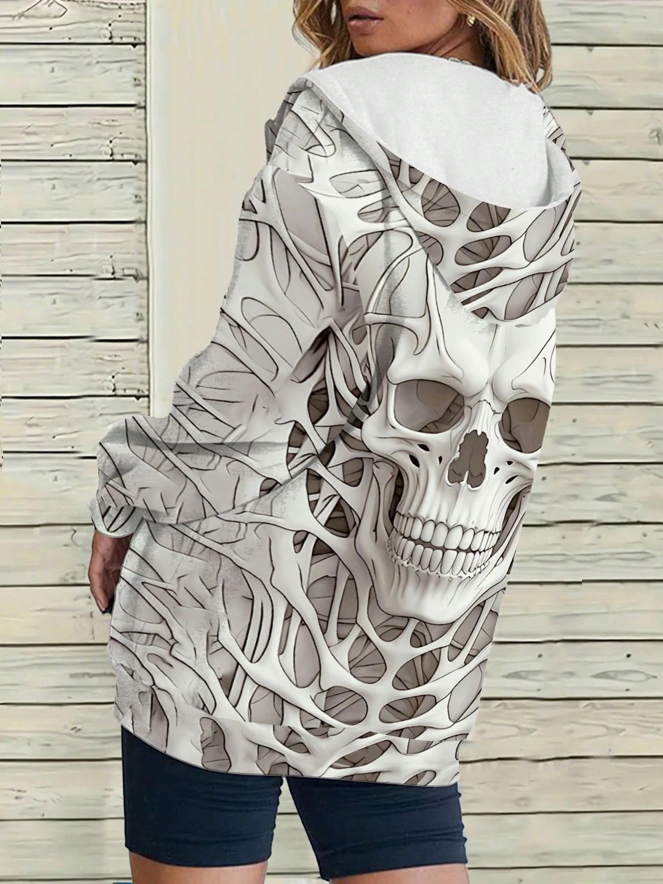 Plus Size Women Casual Skull Print Hooded Jacket, Summer