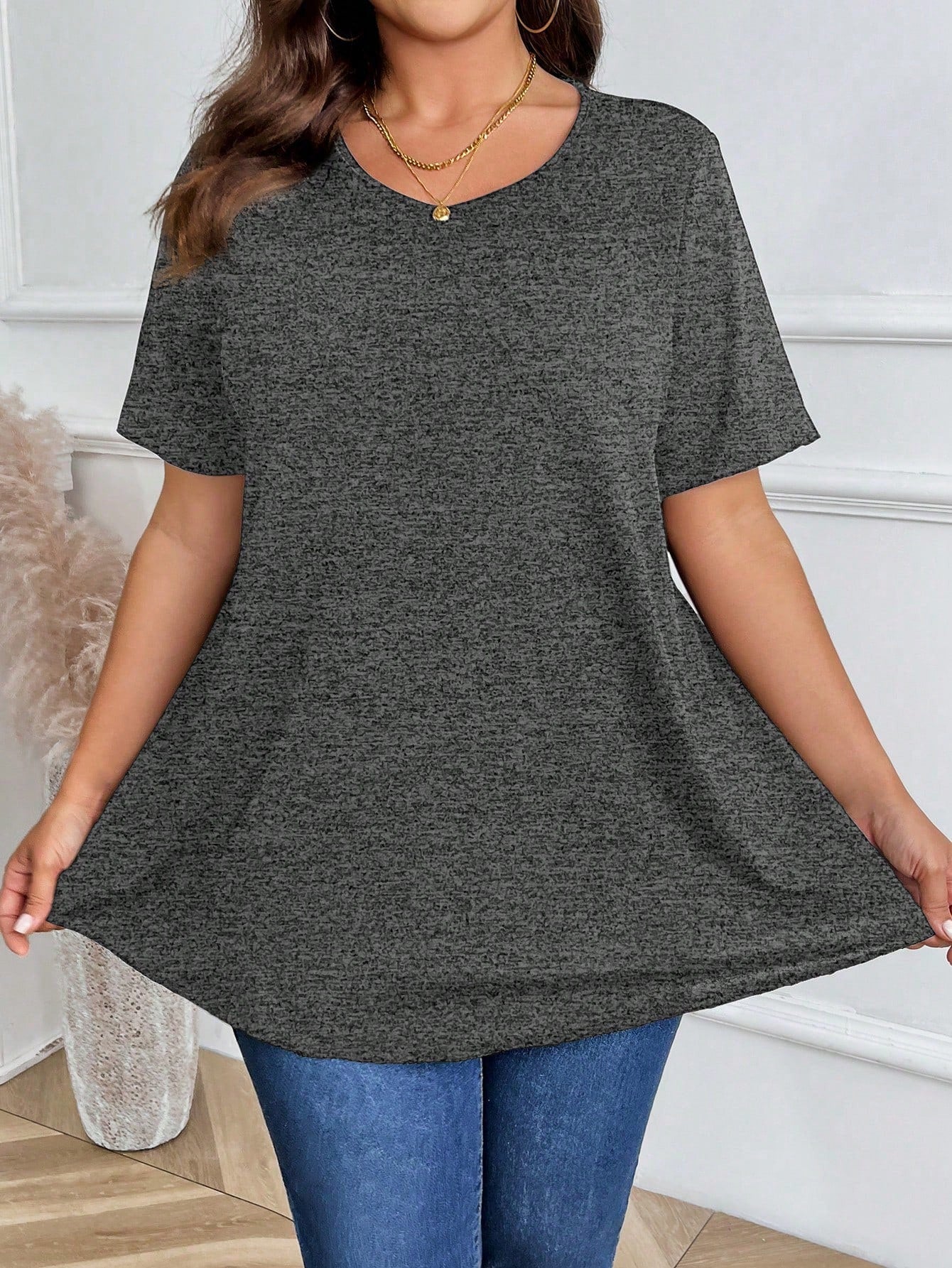 Plus Size Women Plain Round Neck Short Sleeve Casual Loose T-Shirt