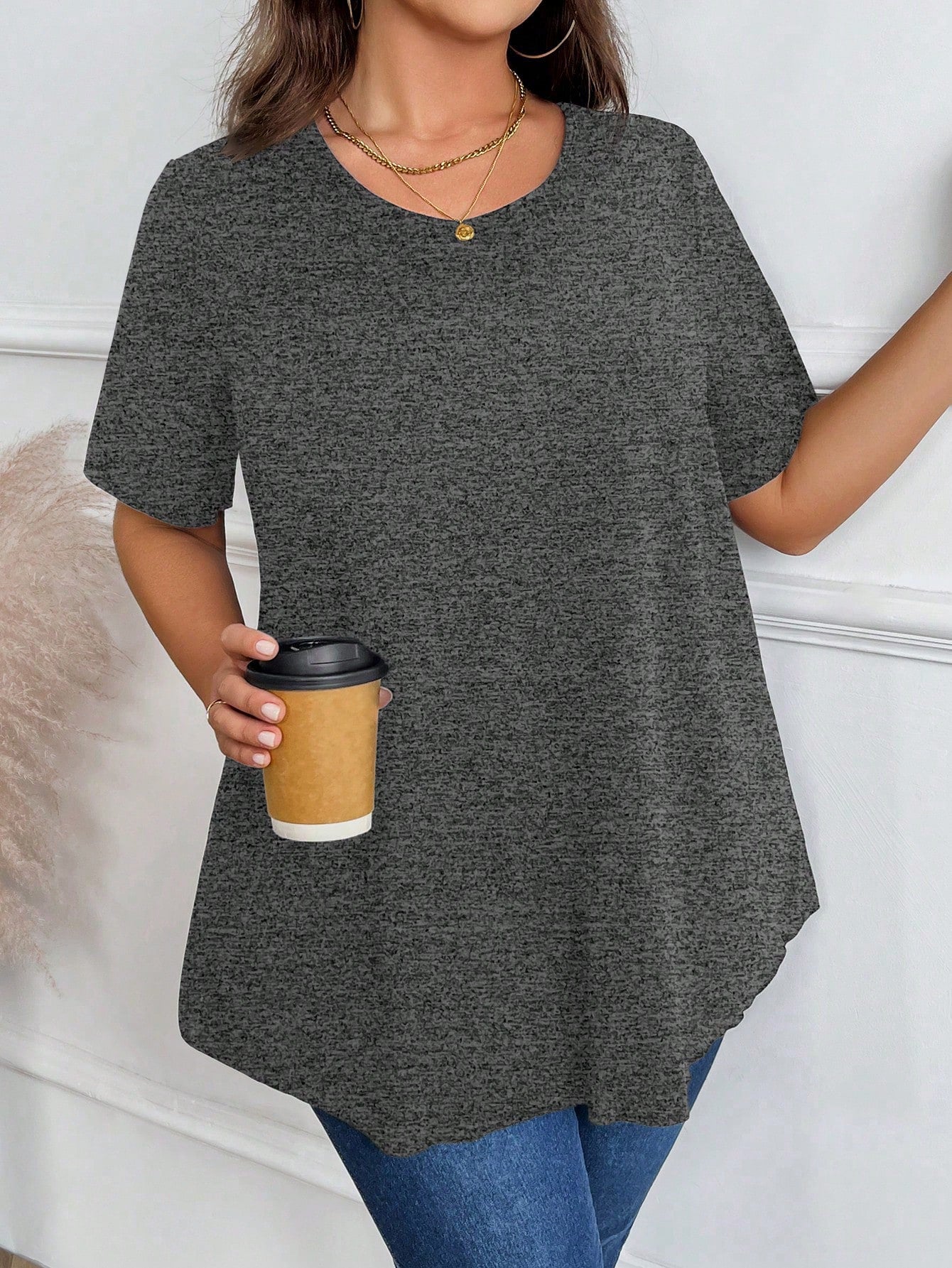 Plus Size Women Plain Round Neck Short Sleeve Casual Loose T-Shirt