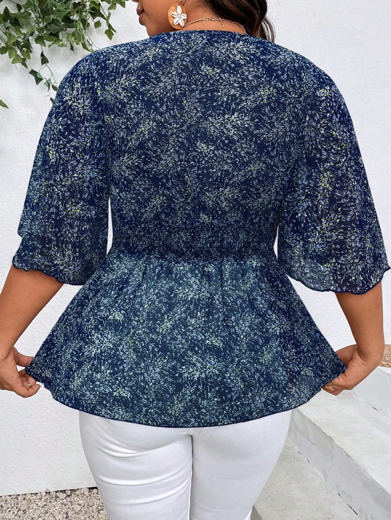 Plus Size Women's Boho Holiday Floral Print V-Neck Ruffle Sleeve Elegant Blouse Peplum Top, For Summer