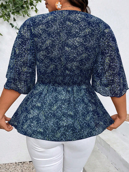 Plus Size Women's Boho Holiday Floral Print V-Neck Ruffle Sleeve Elegant Blouse Peplum Top, For Summer