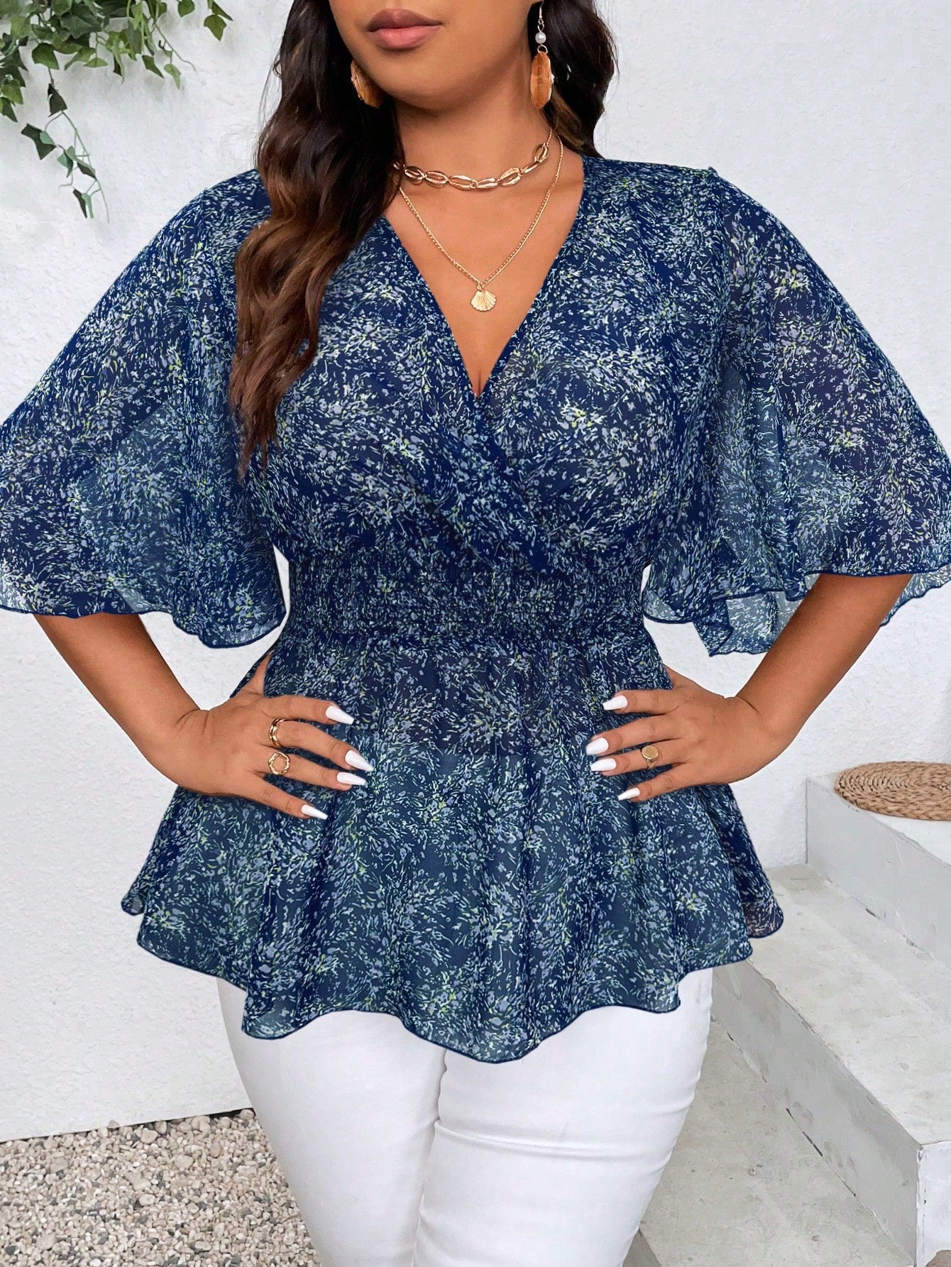 Plus Size Women's Boho Holiday Floral Print V-Neck Ruffle Sleeve Elegant Blouse Peplum Top, For Summer
