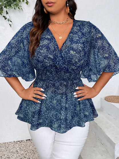 Plus Size Women's Boho Holiday Floral Print V-Neck Ruffle Sleeve Elegant Blouse Peplum Top, For Summer