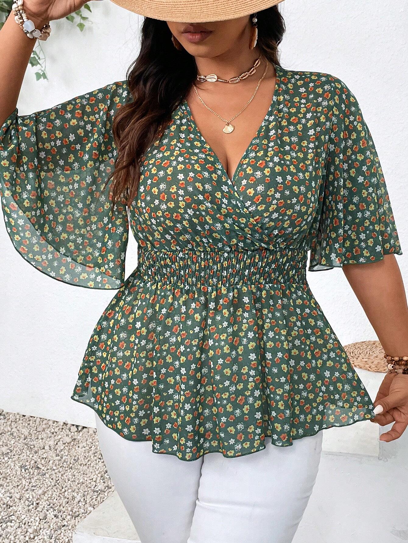 Plus Size Women's Boho Holiday Floral Print V-Neck Ruffle Sleeve Elegant Blouse Peplum Top, For Summer