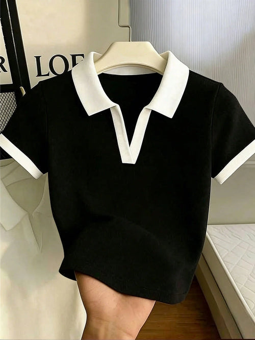 Plus Size Women's Contrast Color Collar Short Sleeve Casual T-Shirt