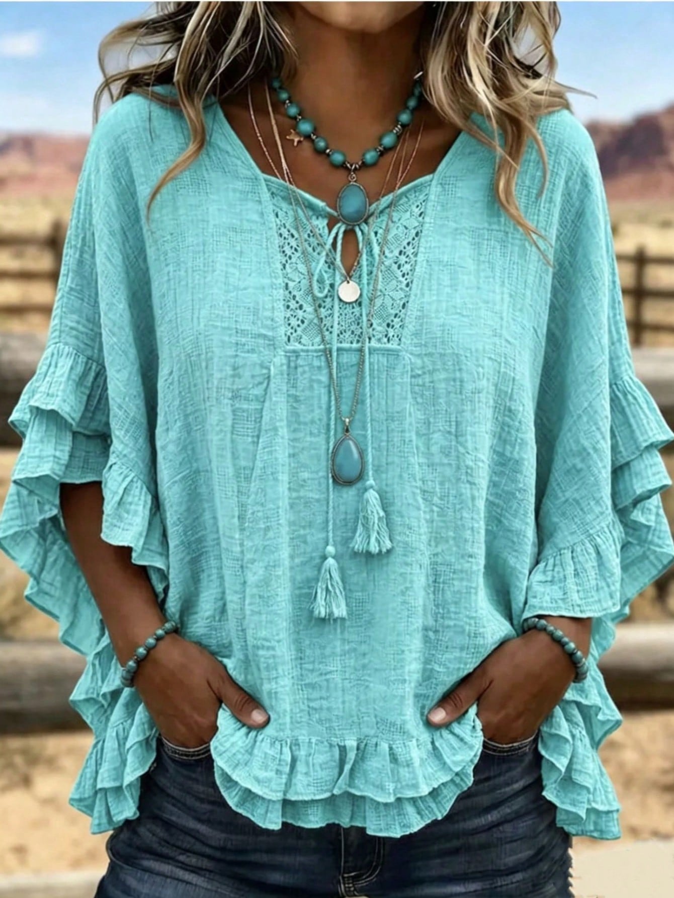 Plus Size Women's Hollow Out Lace V-Neck Top, Tassel Tie Ruffle