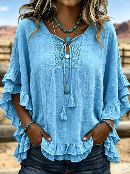 Plus Size Women's Hollow Out Lace V-Neck Top, Tassel Tie Ruffle