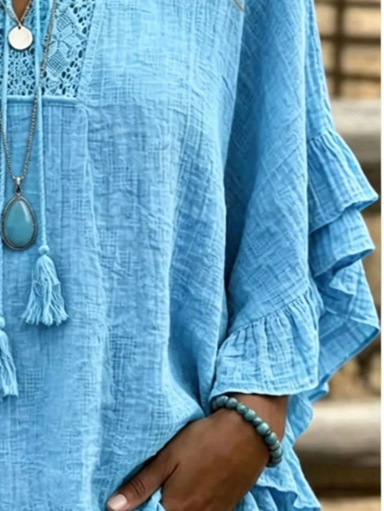 Plus Size Women's Hollow Out Lace V-Neck Top, Tassel Tie Ruffle